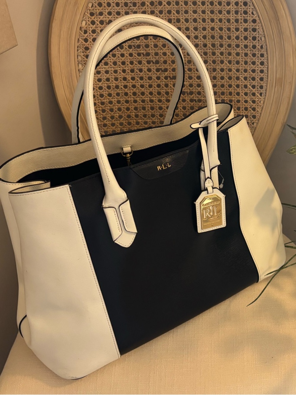 New! Ralph Lauren Black and Cream, Large leather Tote, NWOT